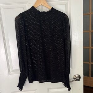 Rachel Zoe Black & Gold Sheer Sleeve  Blouse long sleeve ruffled